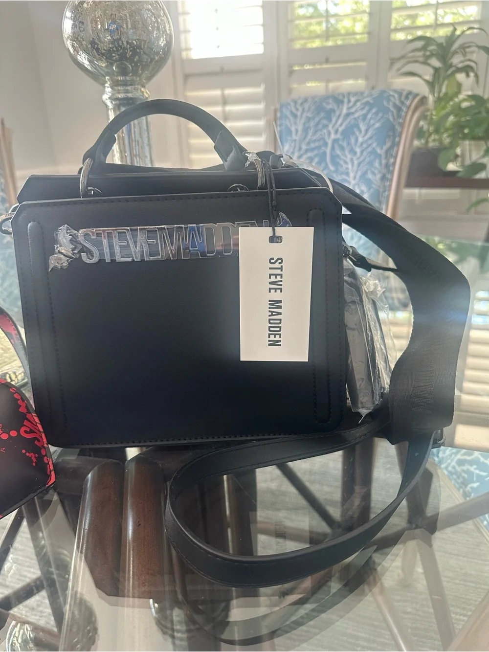 Steve Madden Black and Red Graphic Messenger Bag with Heart Charm